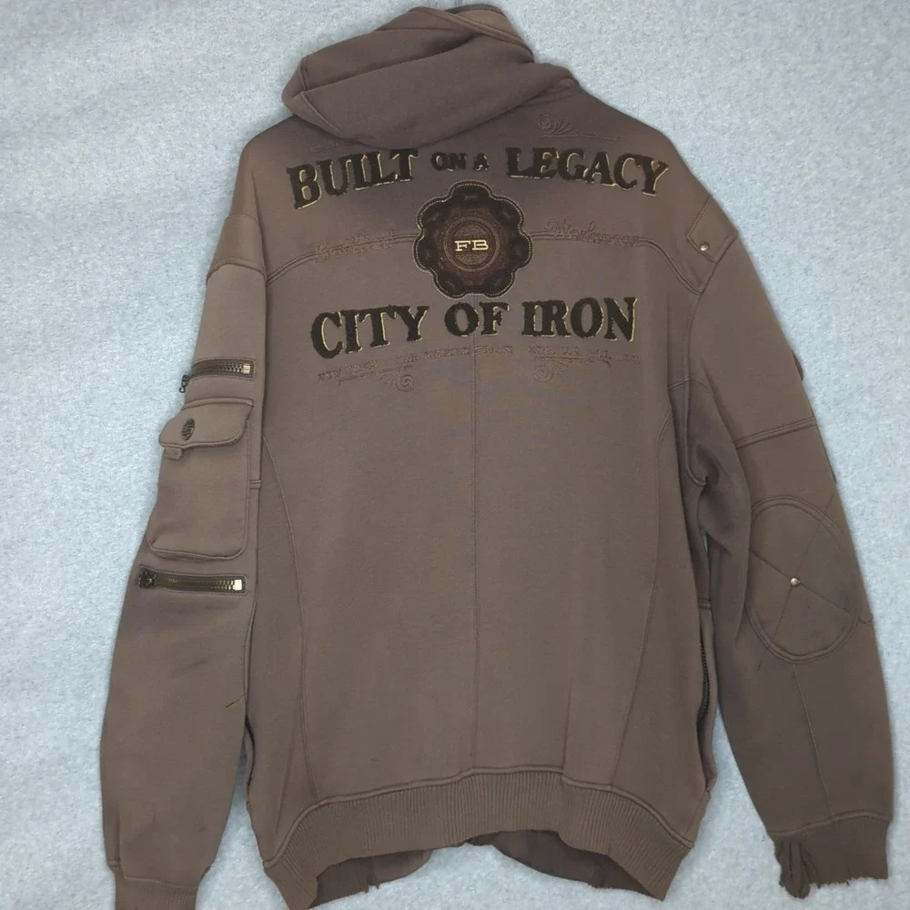 Vintage Brown Cargo Hooded Jacket L Full Zip Distressed Y2K Streetwear Spell out